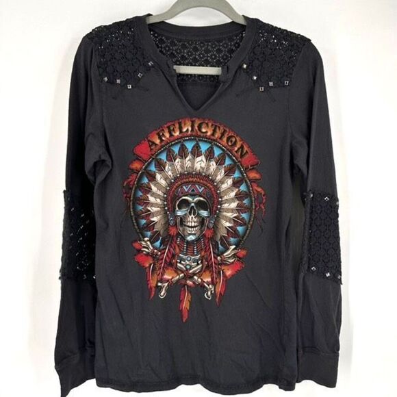 Affliction Women’s Studded Thermal LS T Shirt Cut Out Skeleton Headdress Small - Picture 1 of 8